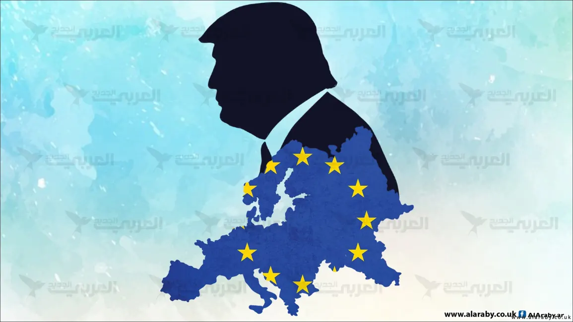 رسم من العربي الجديد يجمع صورة ظلّية لدونالد ترامب وخريطة الاتحاد الأوروبي باللون الأزرق ونجومه الصفراء