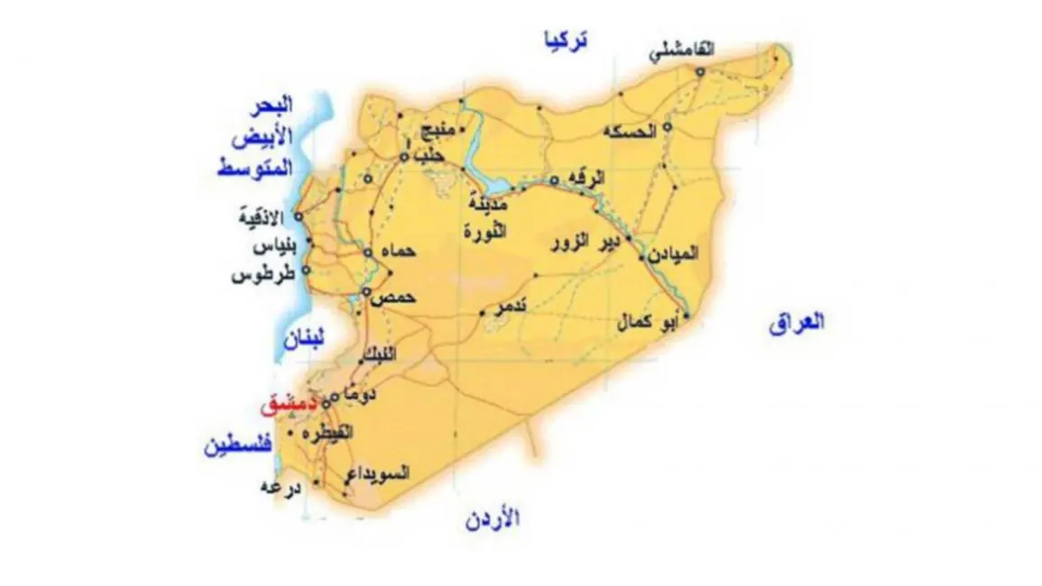 خريطة جغرافية لسورية ومدنها والدول المجاورة على خلفية بيضاء، الصورة المرفقة بالمقال المنشور في العربي الجديد