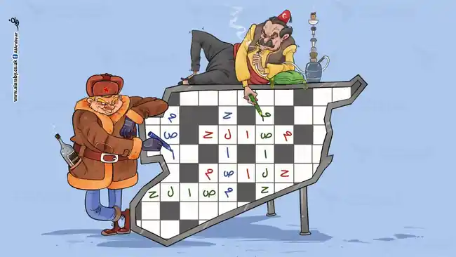رسم كاريكاتيري من العربي الجديد يصوّر تنافس روسيا وتركيا على النفوذ في سورية
