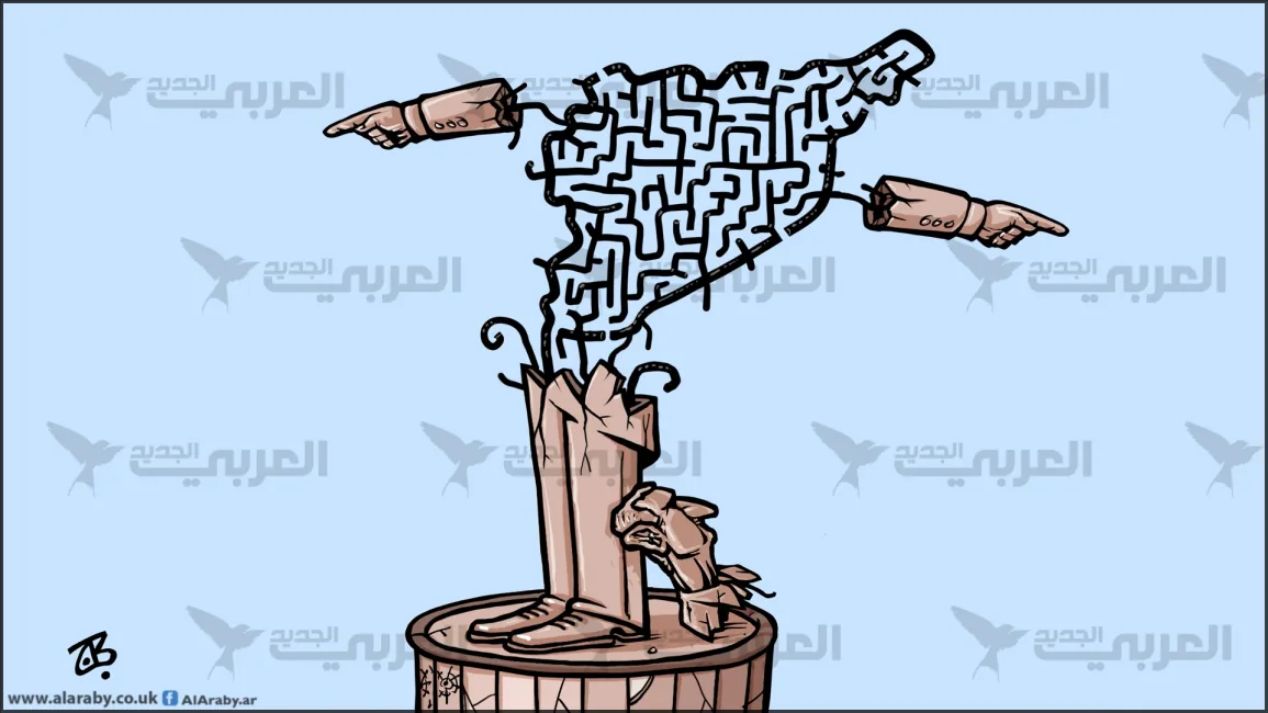 رسم كاريكاتيري لخريطة سورية على هيئة متاهة محاطة بأيدٍ تشير في اتجاهات مختلفة، من صحيفة العربي الجديد